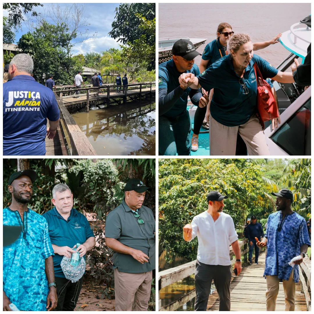 Colagem de quatro fotos mostrando juízes congressistas na comunidade de Calama