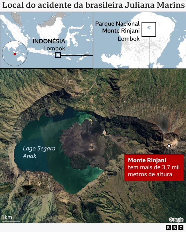 Gráfico com localização do local da queda de Juliana Marins no monte Rinjani, na Indonésia